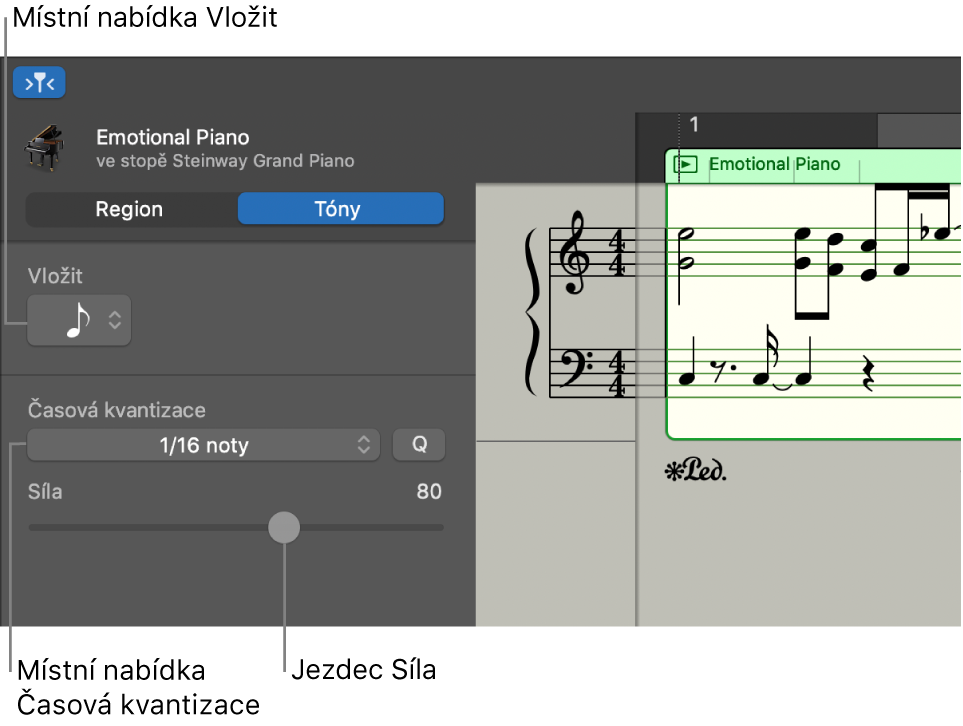 Inspektor Notový editor v notovém režimu se zobrazenými ovládacími prvky