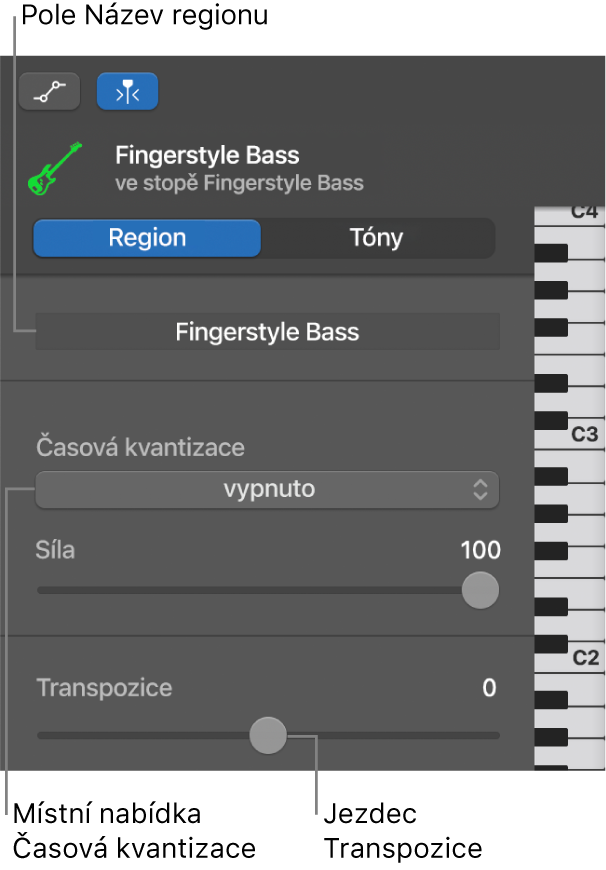 Inspektor Editor pianolového pásu v režimu Region se zobrazenými ovládacími prvky