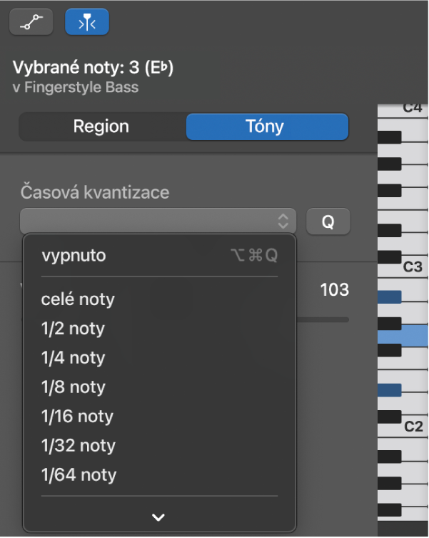 Výběr hodnoty v místní nabídce Časová kvantizace v inspektoru Editor pianolového pásu