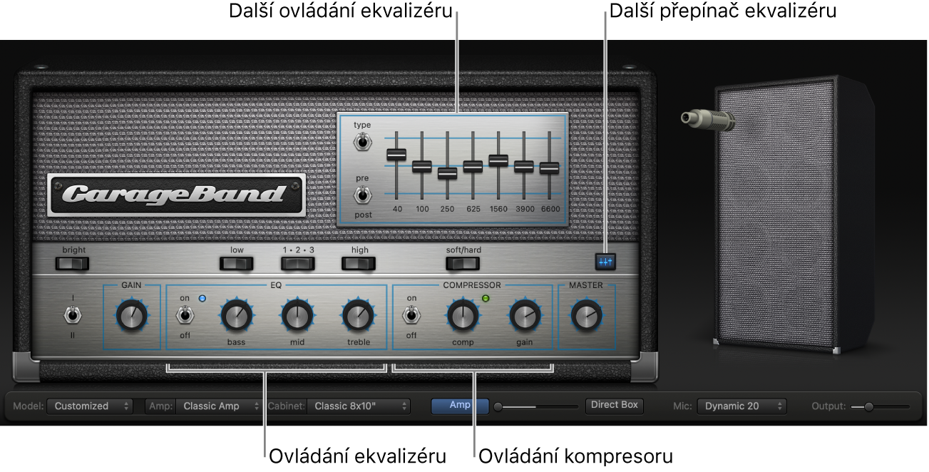 Bass Amp Designer s ovládacími prvky ekvalizéru a kompresoru