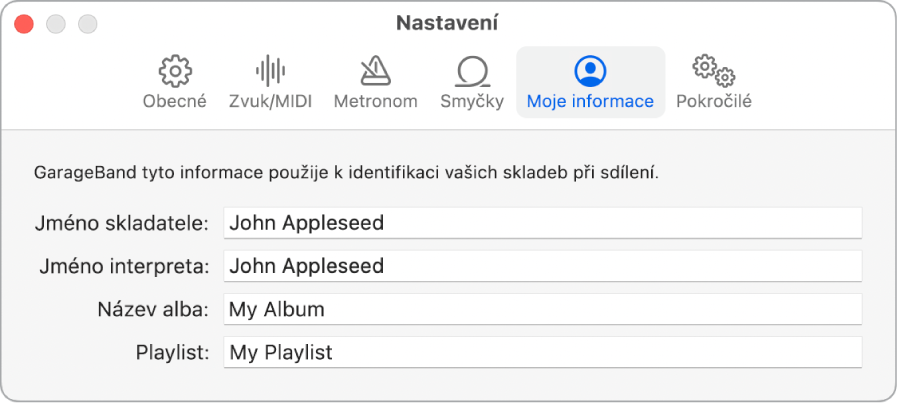 Panel nastavení Moje informace