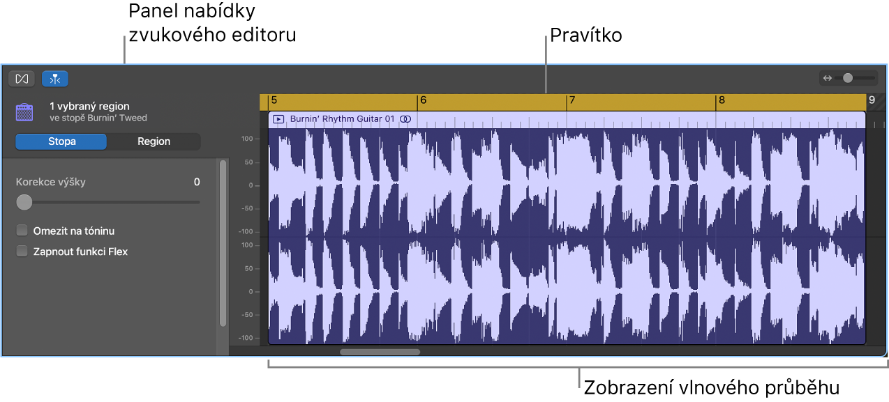 Editor zvuku s vybraným regionem.