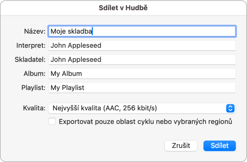 Dialogové okno Sdílet v aplikaci Hudba