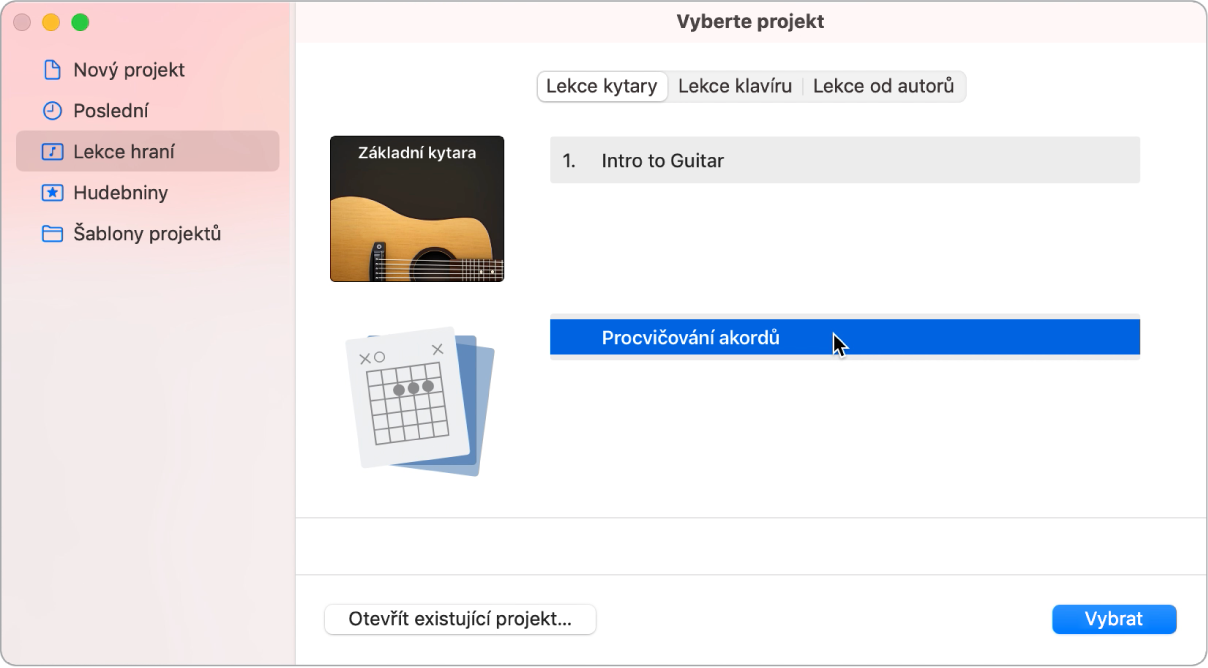 Okno pro výběr projektu s vybranou volbou Procvičování akordů