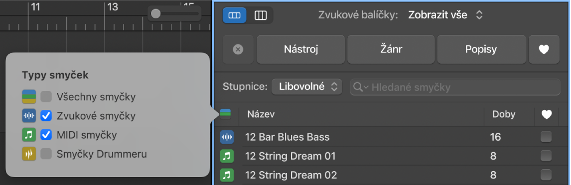 Použití tlačítka Typy smyček k filtrování typů smyček.