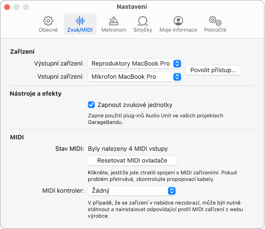Panel nastavení Zvuk/MIDI