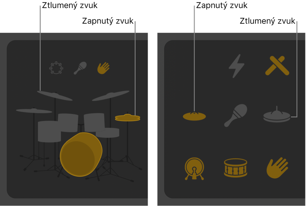 Editor Drummeru se zobrazením ztlumených a znějících komponent bicí soupravy