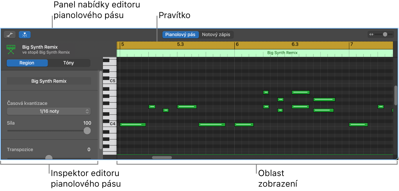 Editor pianolového pásu ukazující událost MIDI noty.