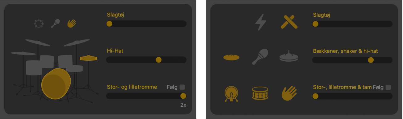 Drummer-værktøj, der viser betjeningsmuligheder til mønstervariation.