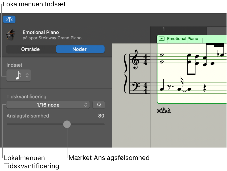 Info om partiturværktøj i nodefunktion med betjeningsmuligheder.