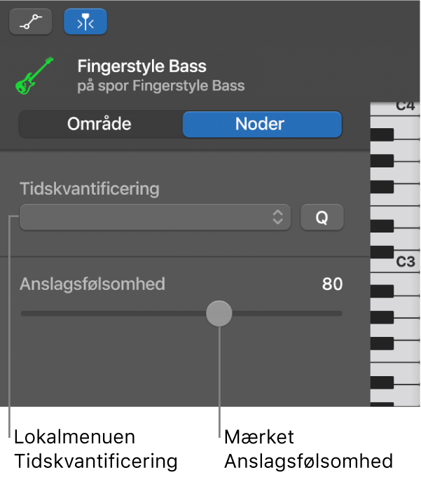 Info om klaverrulleværktøj i nodefunktion med betjeningsmuligheder.