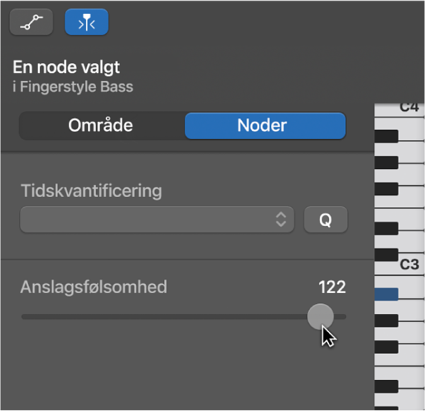 Rediger noders anslagsfølsomhed i klaverrulleværktøjet.