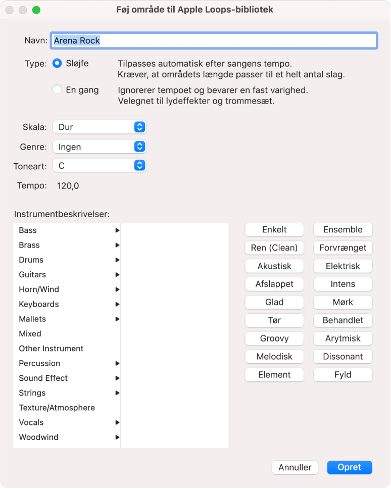 Dialogen Føj område til Apple Loops-bibliotek.