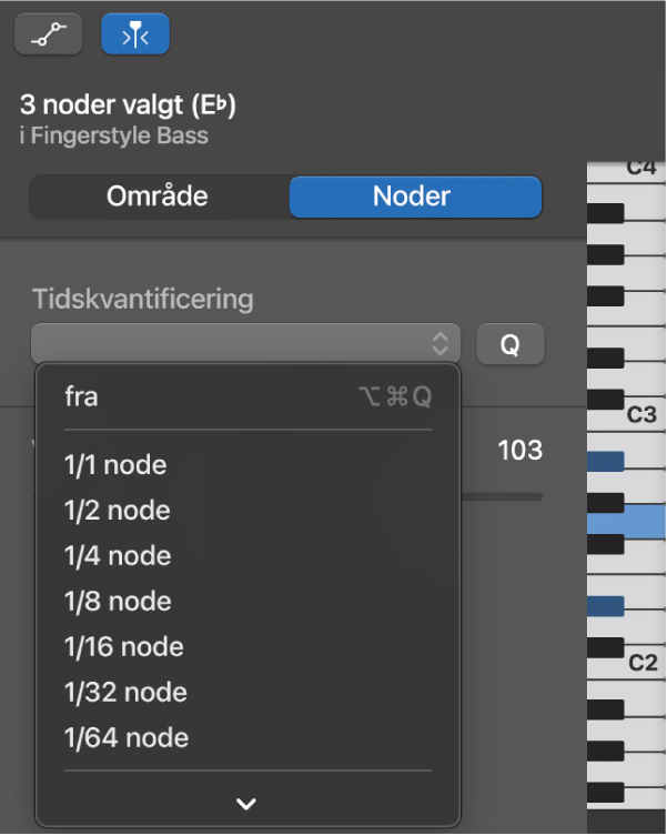 Vælg en værdi på lokalmenuen Tidskvantificering i Info om klaverrulleværktøj.