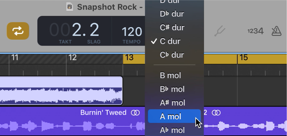 LCD-felt med lokalmenuen Toneart