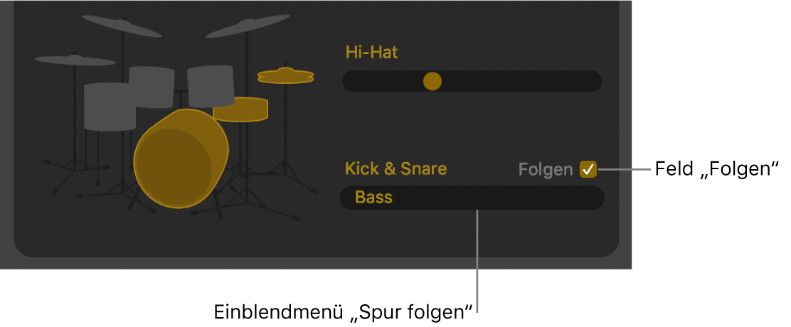 Drummer-Editor mit dem Markierungsfeld „Folgen“ und dem Einblendmenü „Spur folgen“