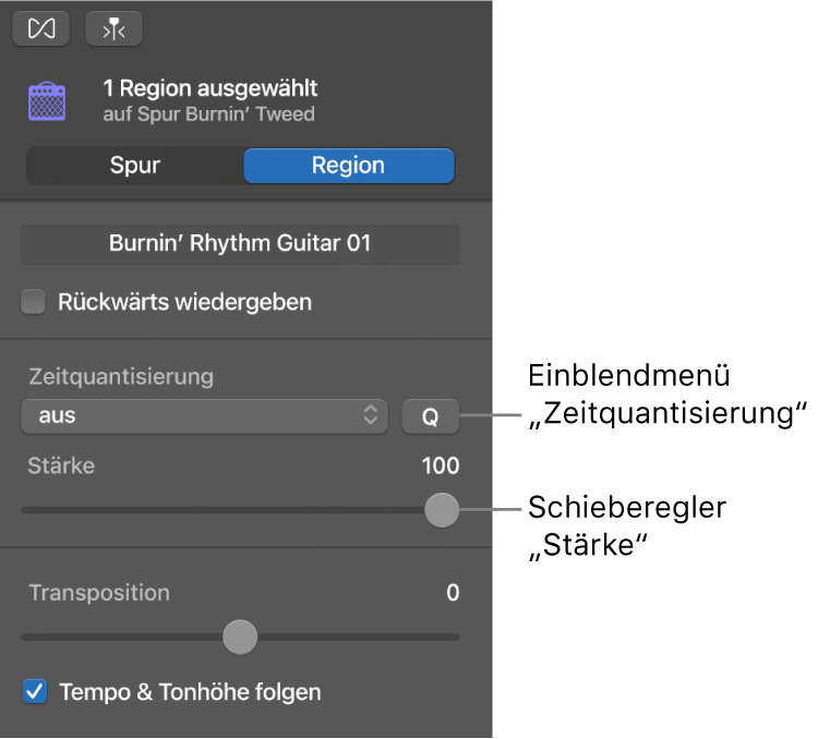 Informationsfenster „Audio-Editor“ mit Einblendmenü „Zeitquantisierung“ und Schieberegler „Stärke“