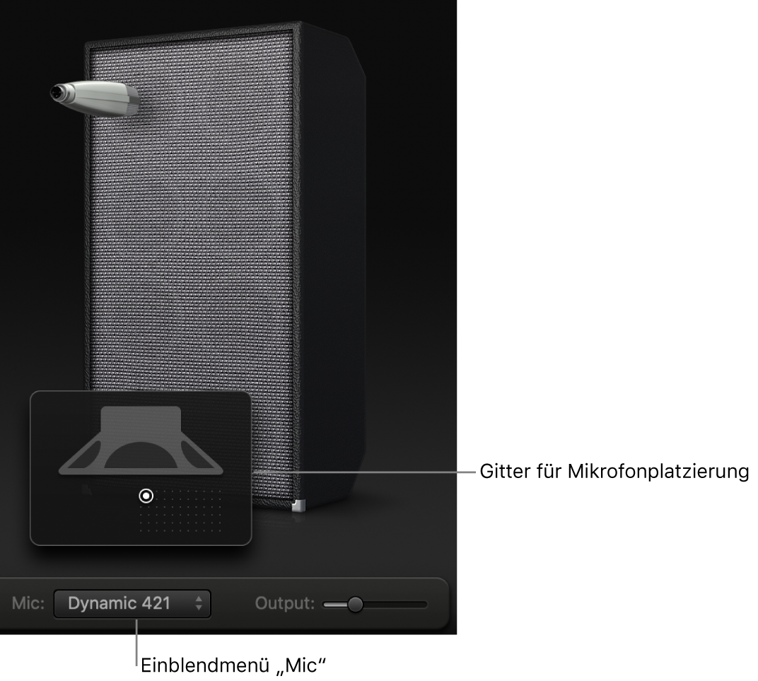 Bass Amp Designer mit dem Menü „Mic“ und dem Raster für die Mikrofonpositionierung im Boxenbereich