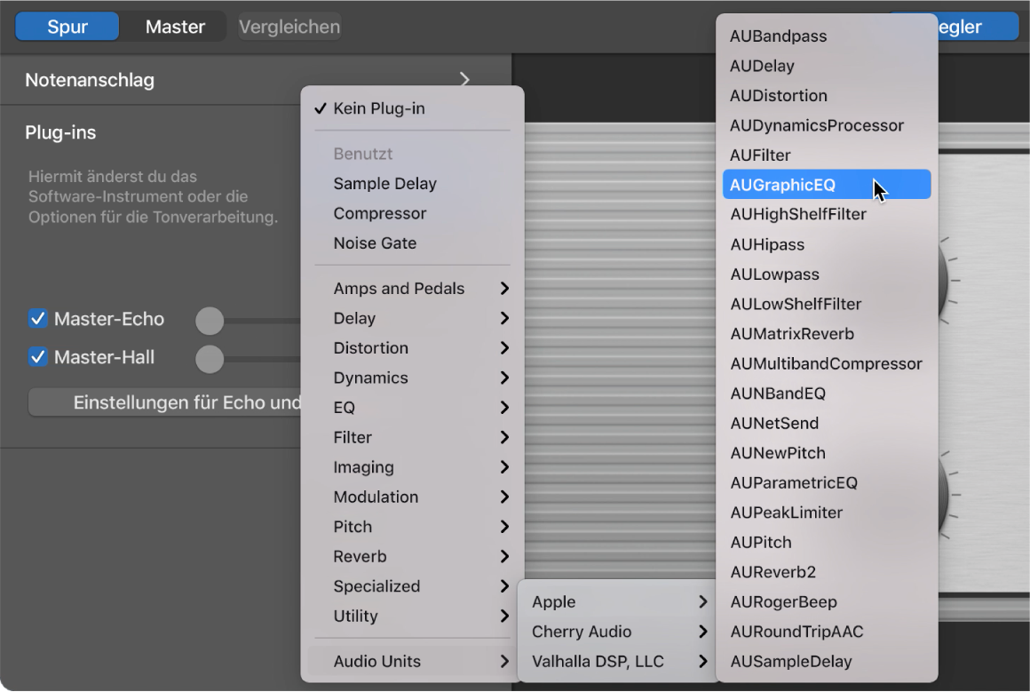 Auswählen eines Audio Units-Plug-ins aus dem Einblendmenü „Audio Units“ im Bereich „Plug-ins“