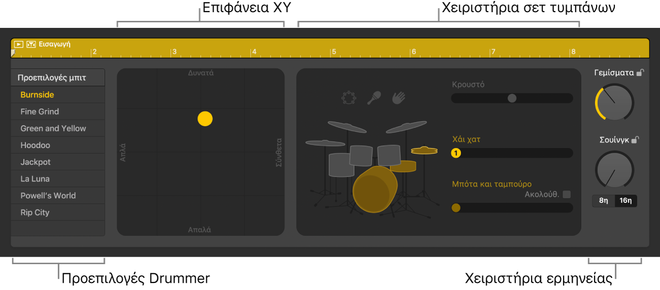 Πρόγραμμα επεξεργασίας Drummer που εμφανίζει διαφορετικές περιοχές.