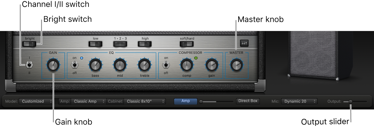 Bass Amp Designer amp controls, including Bright switch, Gain knob, Channel I and II switch, and Master knob.