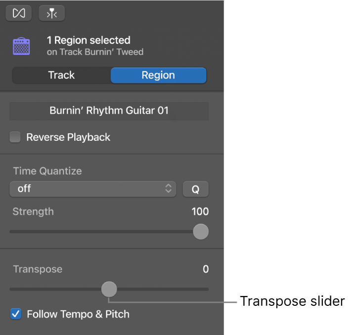 Audio Editor inspector in Region mode, showing Transpose slider.