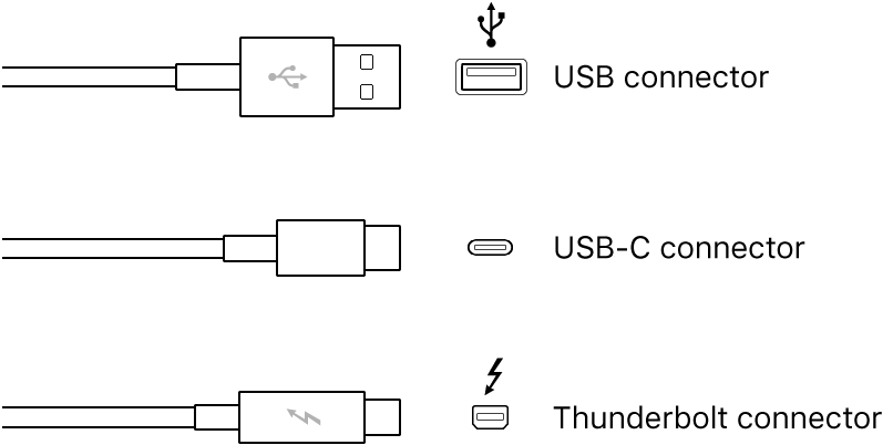 Illustration of USB and Thunderbolt connector types.