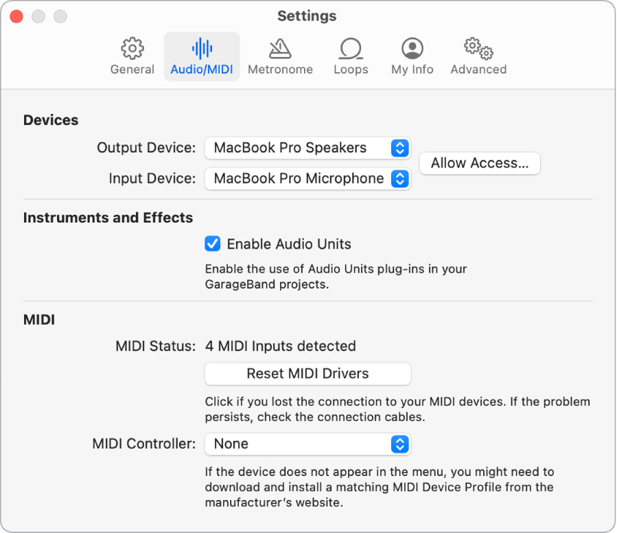 Audio/MIDI Settings pane.