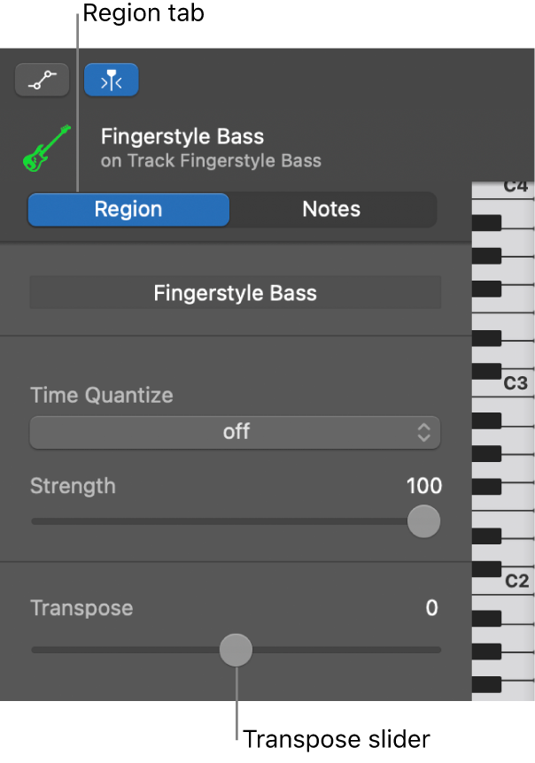 Piano Roll Editor inspector, showing Region button and Transpose slider.