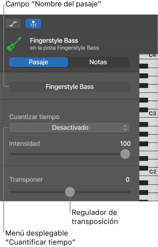 Inspector del editor de teclado en el modo Pasaje con sus controles.