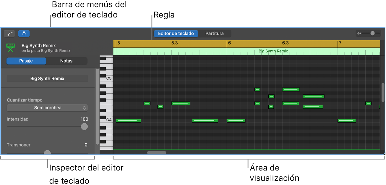 Editor de teclado, donde se señala un evento de nota MIDI.