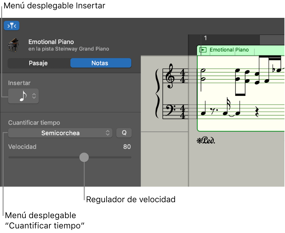 Inspector del editor de partituras en el modo Notas con sus controles.