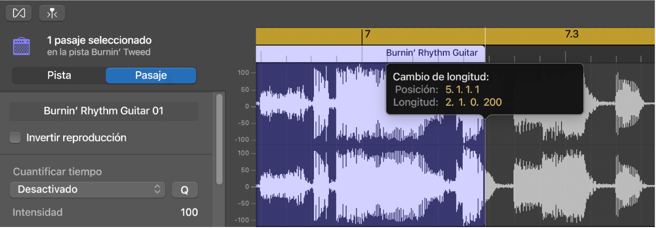 Acortamiento de un pasaje en el editor de audio, con el puntero de acortamiento y la etiqueta de ayuda.