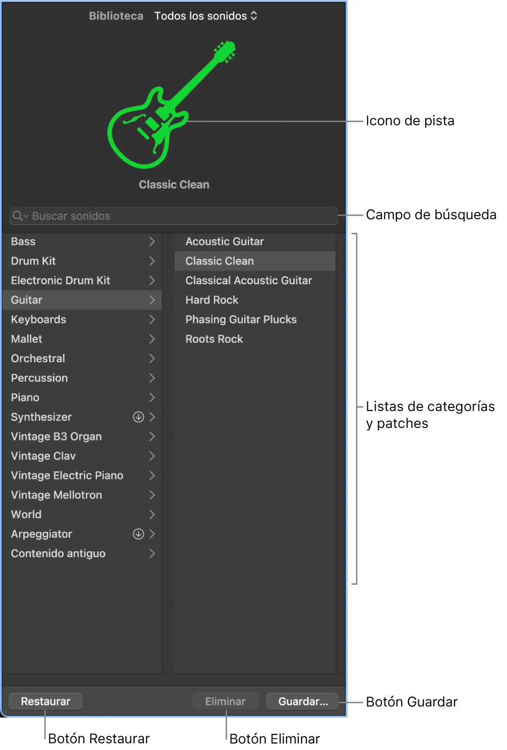 Biblioteca con un patch seleccionado.
