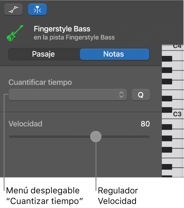 Inspector del editor de teclado en el modo Notas con sus controles.