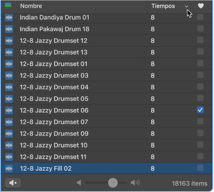 Señalando la cabecera de columna Tiempos en el explorador de loops.