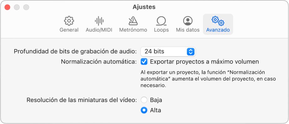 Panel de ajustes Avanzado