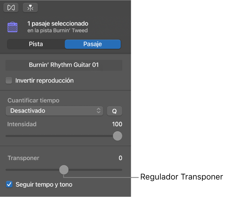Inspector del editor de audio en modo Pasaje, con el regulador Transponer.