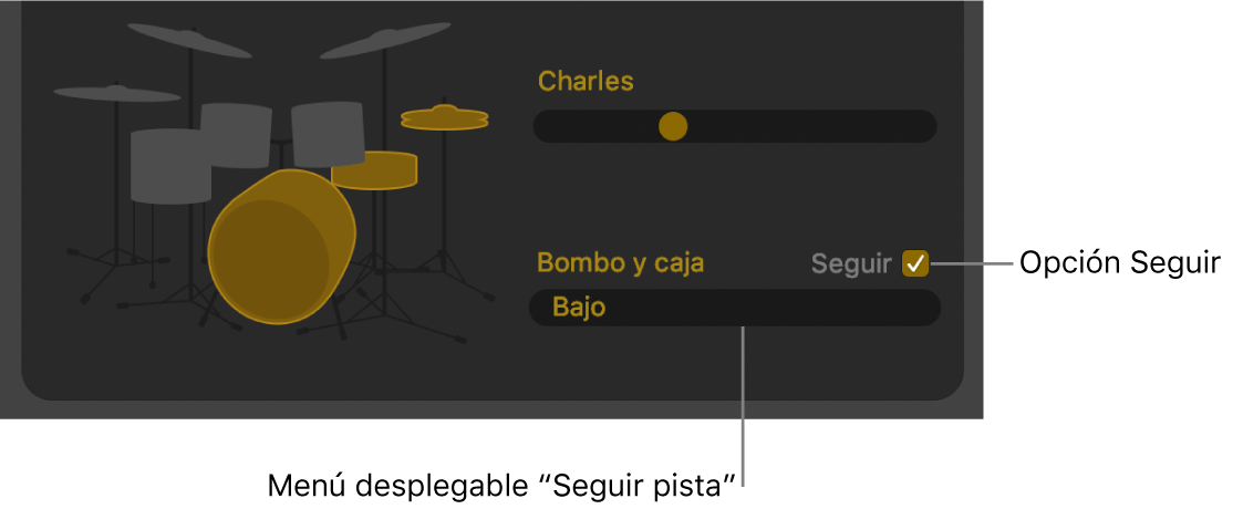 Editor de batería con la casilla “Seguir” y el menú desplegable “Seguir pista”.