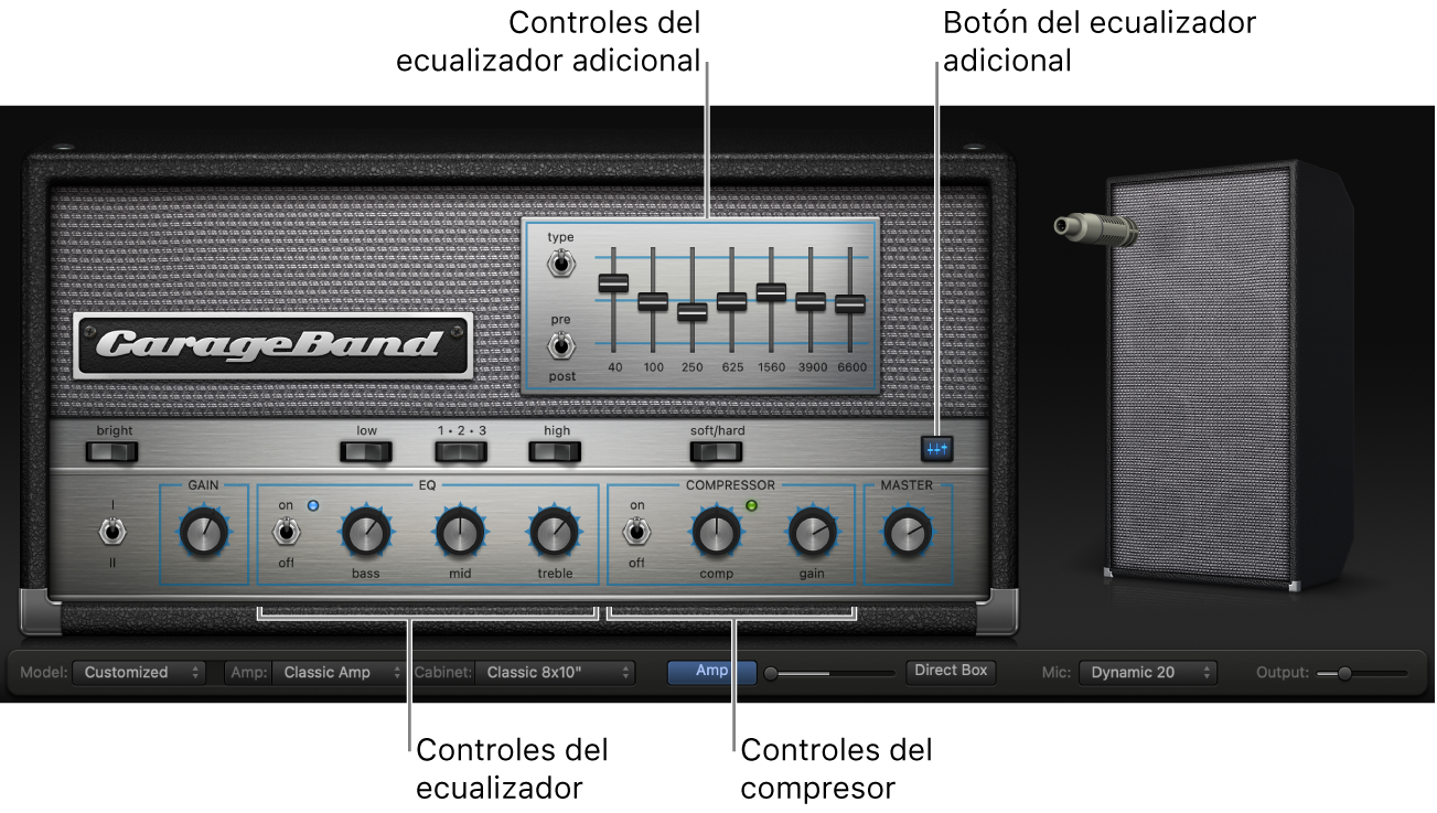 Bass Amp Designer con los controles EQ y Compressor.