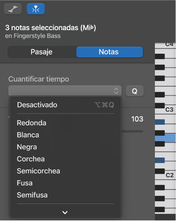 Se está seleccionando un valor en el menú desplegable “Cuantizar tiempo” del inspector el editor de teclado.