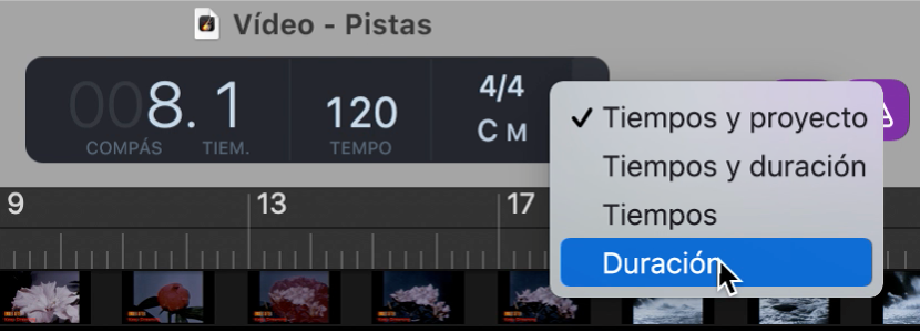 Pantalla LCD de la barra de controles en la que se selecciona el formato de tiempo.