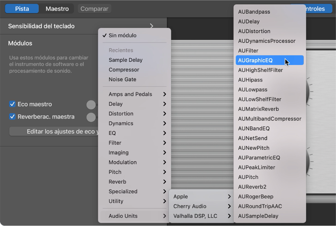 Selección de un módulo Audio Units del menú desplegable “Audio Units” en el área de módulos.