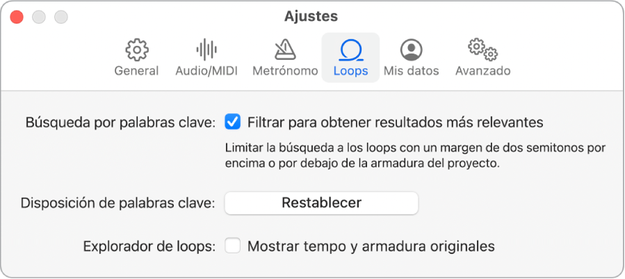 Panel de ajustes Loops