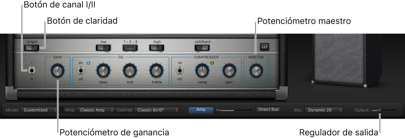 Controles de amplificador de Bass Amp Designer: conmutador Bright, potenciómetro Gain , conmutador Channel /III y potenciómetro Master.