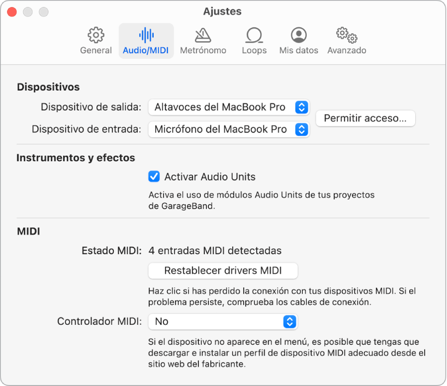 Panel de ajustes de Audio/MIDI.