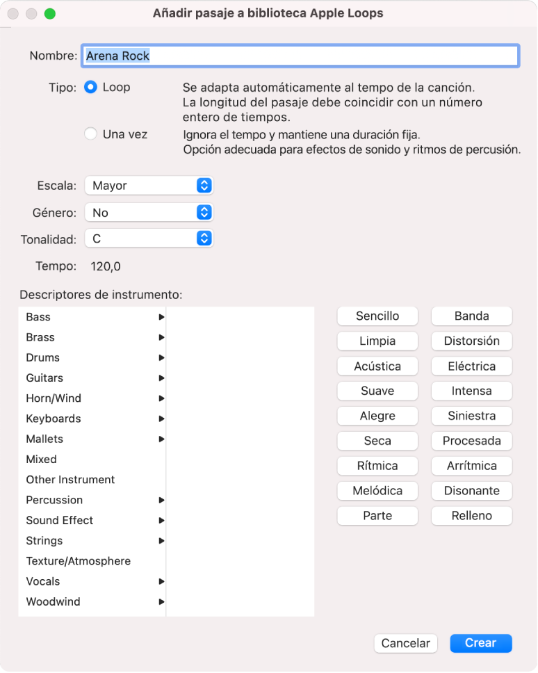 Cuadro de diálogo “Añadir pasaje a biblioteca Apple Loops”.