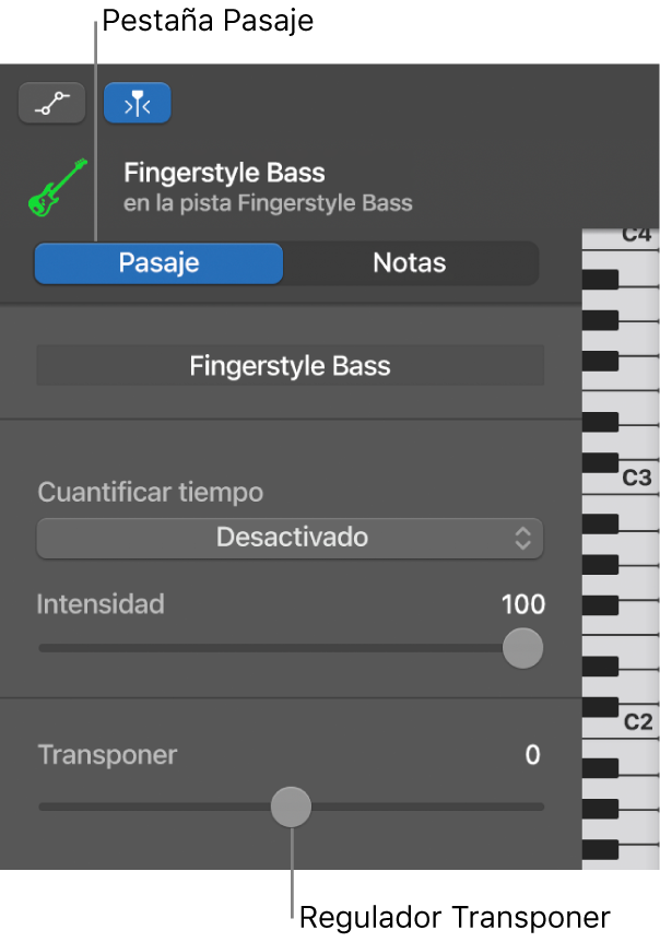 Inspector del editor de teclado, con el botón Pasaje y el regulador Transponer.