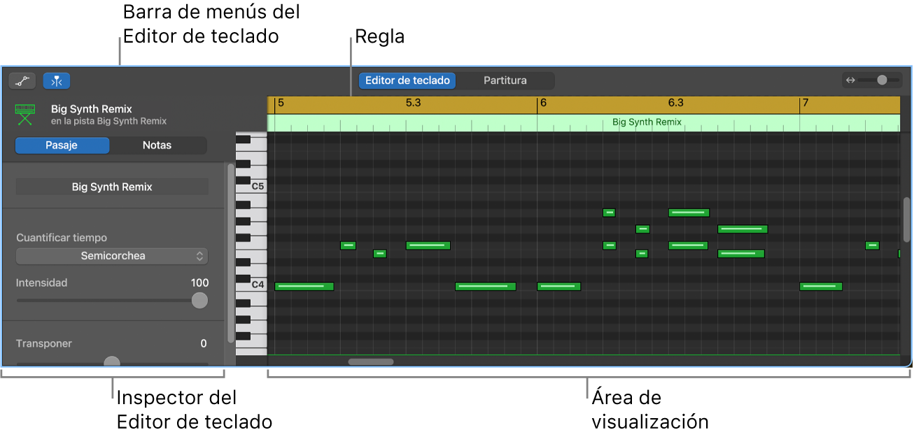 Editor de teclado, donde se señala un evento de nota MIDI.