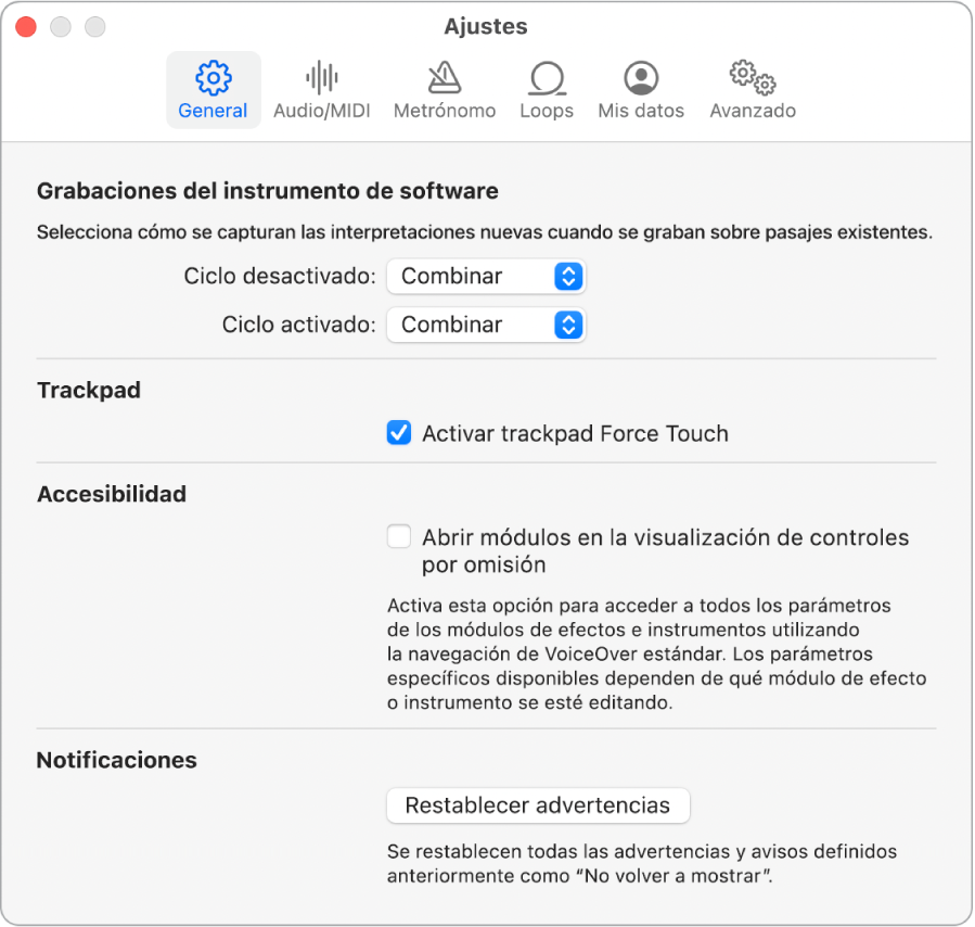 Panel de ajustes General